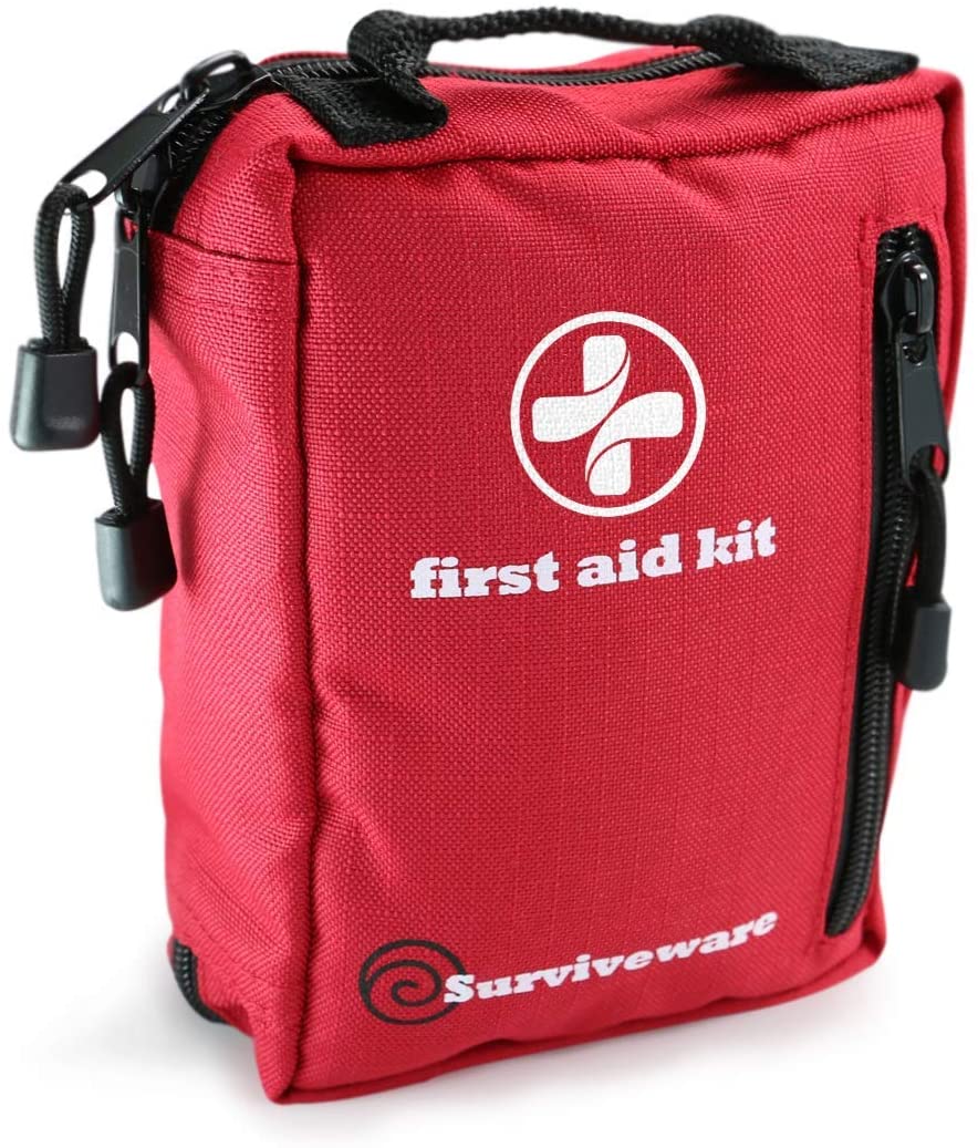 Surviveware Small First Aid Kit with Labelled Compartments for Hiking, Backpacking, Camping, Travel, Car and Cycling.